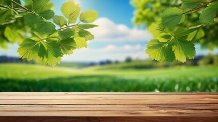 Beautiful Spring-Summer Background Green Juicy Field with Wooden Plank. Made with Generative AI Technology
