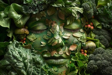 A beautiful colorful painting of fruits and vegetables, the richness of nature, a generous harvest., face.