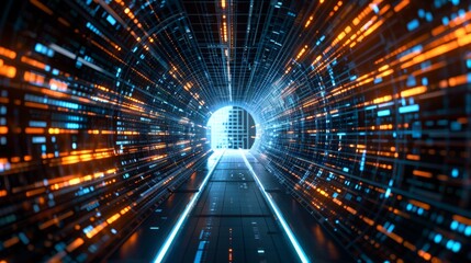 Futuristic digital tunnel in cyberspace with glowing neon lights
