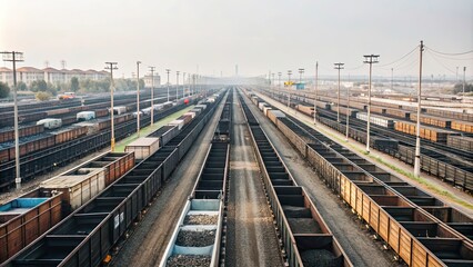 Obraz premium China's railway coal marshalling stations filled with rows of stationary coal trains, coal, train, railway, station