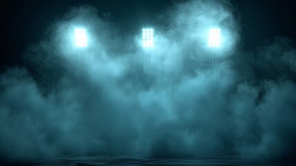 Fototapeta premium Three stadium lights illuminate a foggy field
