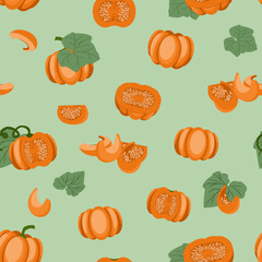 pumpkin background, seamless texture. A drawn vector illustration of various orange pumpkins in whole and in pieces randomly scattered on a light green background