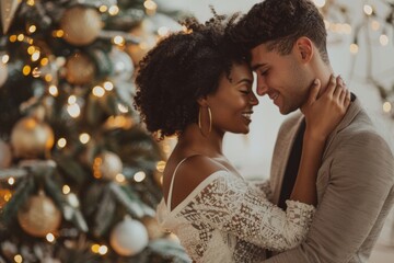 wedding Christmas romance diverse interracial couple sharing tender moment by xmas tree, hugging and kissing, cuddling together, intimacy and love between the couple during the festive season