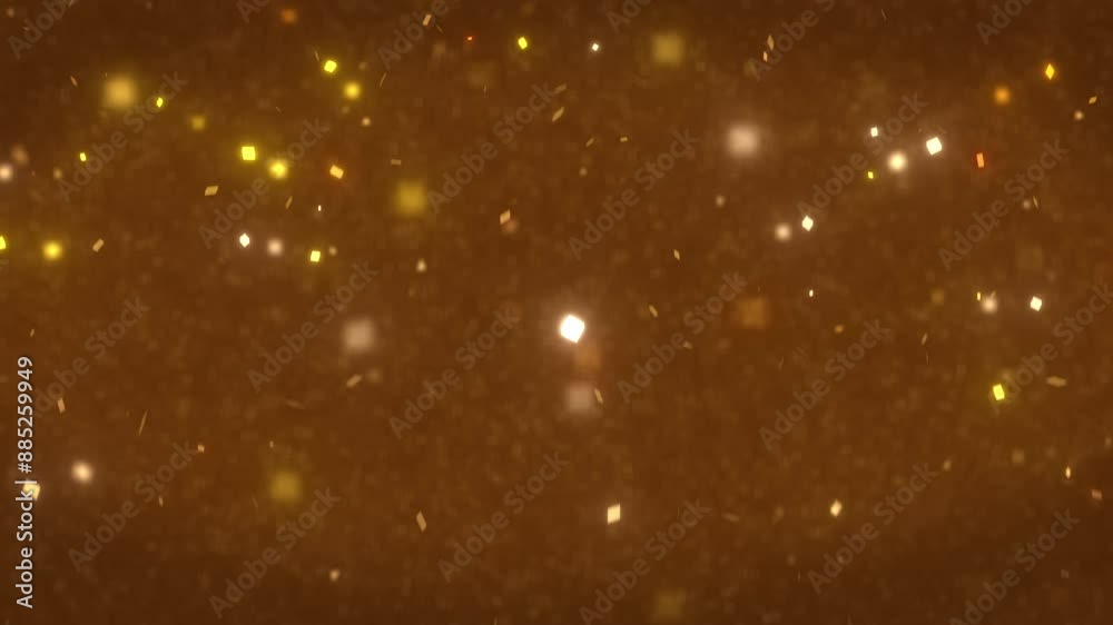 Poster Light, bokeh and sparkle in space with glitter, particles and reflection with abstract texture, creative or movement. Glowing shapes, closeup or shine with animation for spotlight or celebration