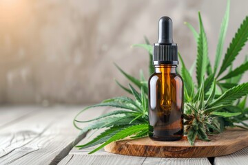 Fototapeta premium Serene morning with cannabis oil and fresh hemp leaves