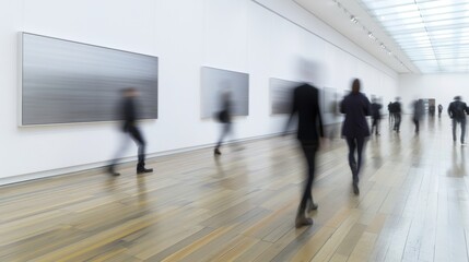 Obraz premium Art gallery visitors observing modern paintings in exhibition space