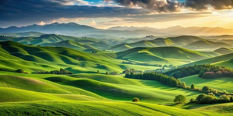 Rolling green hills and mountains in a beautiful landscape setting , serene, peaceful, countryside, nature, scenic view