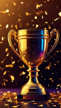 Gold cup, trophy, champion's cup on a gold background with confetti, designer trophy, golden symbol of the winner, celebration, sports competition, champions games.