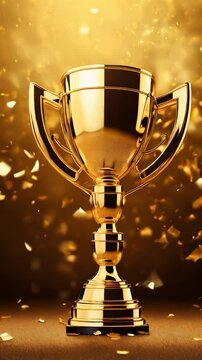 Gold cup, trophy, champion's cup on a gold background with confetti, designer trophy, golden symbol of the winner, celebration, sports competition, champions games.
