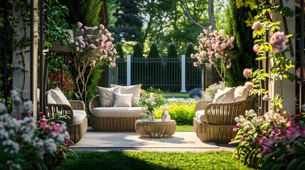 Fototapeta premium Terrace with decorative fencing and soft sofas image
