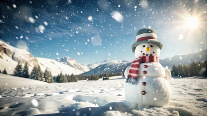Fototapeta premium Snowman standing in a snowy landscape , winter, snow, cold, frost, Christmas, fun, holiday, cheerful, nature, outdoor, white