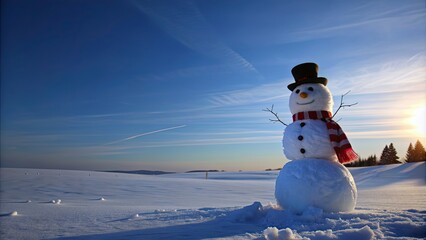 Obraz premium Snowman standing in a peaceful snowy landscape, winter, cold, snow, holiday, festive, white, frosty