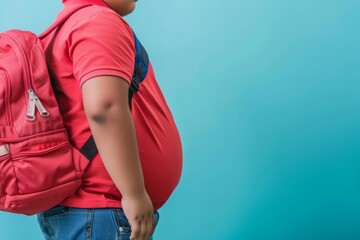 Overweight schoolboy with red backpack against blue background