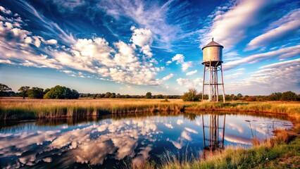 Fototapeta premium Water tower in field with pond and wispy clouds in the sky, water tower, field, pond, wispy clouds, sky