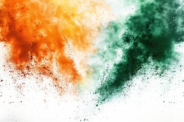 Obraz premium India Independence Day, Abstract background for Indian festival Holi with color powder in green, orange and white colors on isolated white backdrop. India flag concept