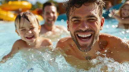 A father and son laugh heartily together while enjoying a refreshing dip in an outdoor pool, capturing a joyful and bonding moment filled with love and familial happiness.
