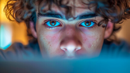 Young man staring at screen with intense blue reflection in eyes
