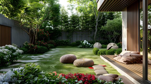 Terrace with a meditation area and soft pillows img