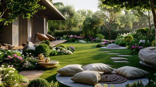 Terrace with a meditation area and soft pillows