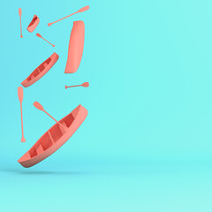 Red flying canoes with paddles on bright blue background in pastel colors
