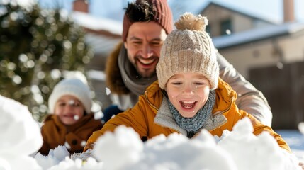 A child joyfully playing in the snow with family, fully embracing the winter fun, showcasing the warmth and togetherness felt during snowy outdoor activities.