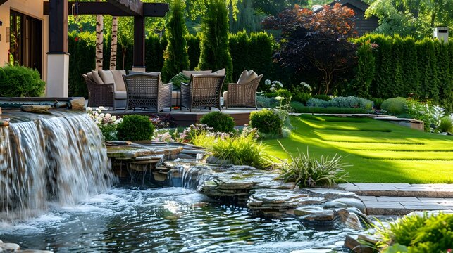 Terrace with a mini-waterfall and comfortable chairs decorated picture