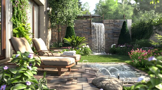 Terrace with a mini-waterfall and comfortable chairs decorated image