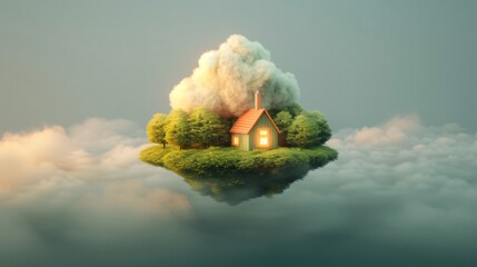 Tiny island with a small wooden house and trees is floating in the clouds, creating a surreal and dreamlike atmosphere. This image evokes feelings of peace, tranquility, and escape from reality