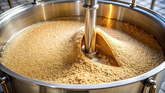 Close up of beer mashing process in mash tun during all grain homebrewing , homebrew, beer, mashing, process, mash tun