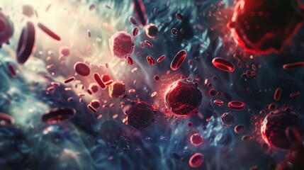 Red blood cells swirl and dance in a vibrant, abstract space