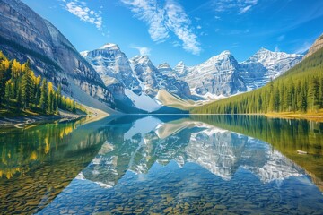 Obraz premium A breathtaking alpine landscape with a pristine lake reflecting the towering snow-capped mountains, pine forests on the slopes, and a clear blue sky with a few scattered clouds
