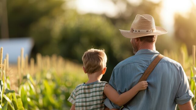 An elderly farmer in a straw hat and denim shirt walks hand in hand with a young child through a lush green farm at sunset, showcasing a beautiful rural landscape. - Powered by Adobe
