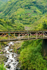 Fototapeta premium Puente con río y piedras, paisaje recreativo al aire libre con río