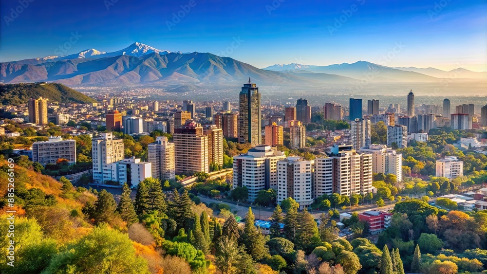 Poster Scenic view of Santa Lucia Hill skyline in Chile , Chile, Santiago, Santa Lucia Hill, skyline, cityscape, urban