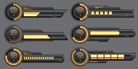 Set of HUD modern loading progress bars user interface elements design technology cyber yellow black metallic futuristic vector © patthana