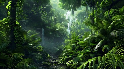 A tropical forest with dense greenery tall trees