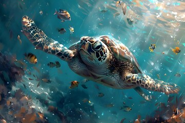 Fototapeta premium A peaceful and beautiful sight of a sea turtle swimming leisurely with small tropical fish in the tropical sea.