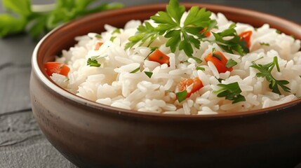 Rustic bowl filled with fluffy white rice, topped with fresh parsley and chopped carrots, creating a delicious and healthy meal option
