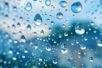 This is an emotional close-up photo of raindrops forming on a window on a rainy day during the rainy season.