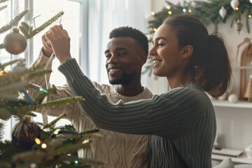 diverse interracial couple decorating Christmas tree together, minimalist living room settings and festive ornaments, the bond and shared holiday traditions