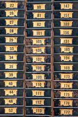 Vintage black weathered metal storage drawers with numbers