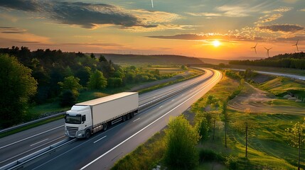 Express Shipping Truck on Highway at Sunset Delivering Packages
