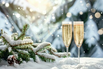 Two glasses of champagne against the backdrop of a winter landscape. New Year greeting card with place for text