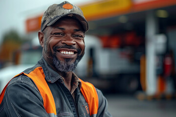 Truck driver African American man, industrial transport professional, navigating logistics routes
