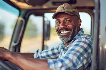 Truck driver African American man, cargo distribution, sitting in truck, transport logistics.