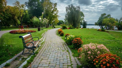 A well-groomed path in a city park paved img