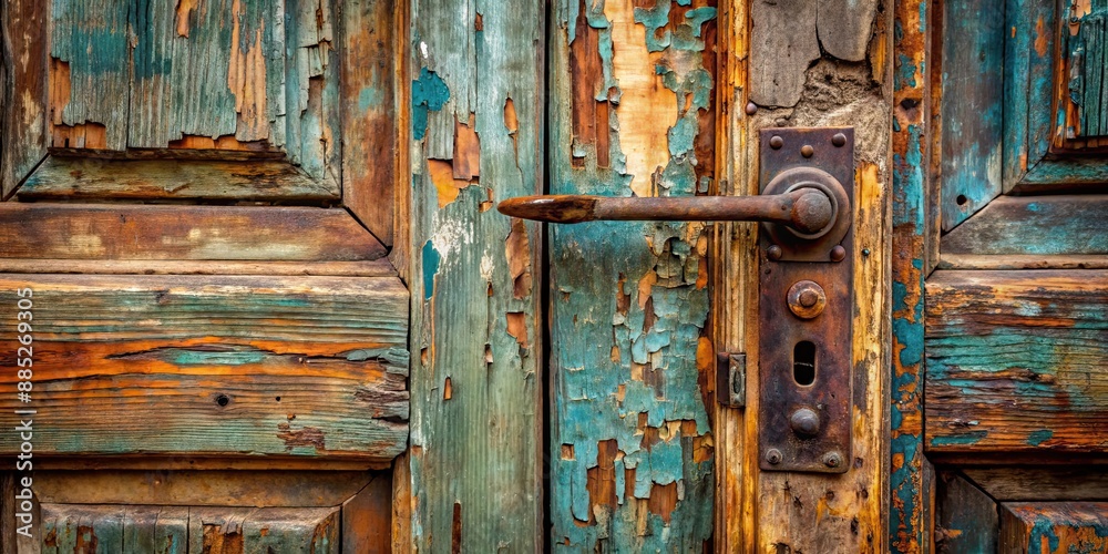 Poster Old wooden door with chipped paint and rusted handle in an abandoned house, abandoned, vintage, aged, deteriorating