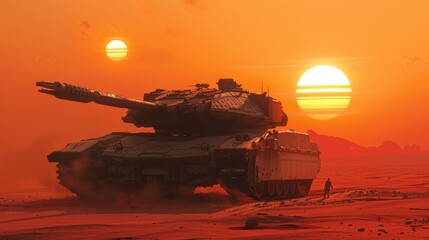 A sleek, futuristic tank in a desert with an alien sky, with two suns setting