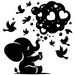 Cute elephant silhouette vector illustration set featuring playful and adorable designs with hearts and balloons, Perfect for creative and child-friendly design projects Adorable baby elephant