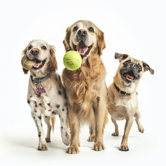 A charming image of three happy dogs of different breeds, all with cheerful expressions